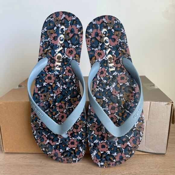 Coach Blue/Brown Floral Women Slides Flip Flops- SZ 9/10 - Picture 5 of 8